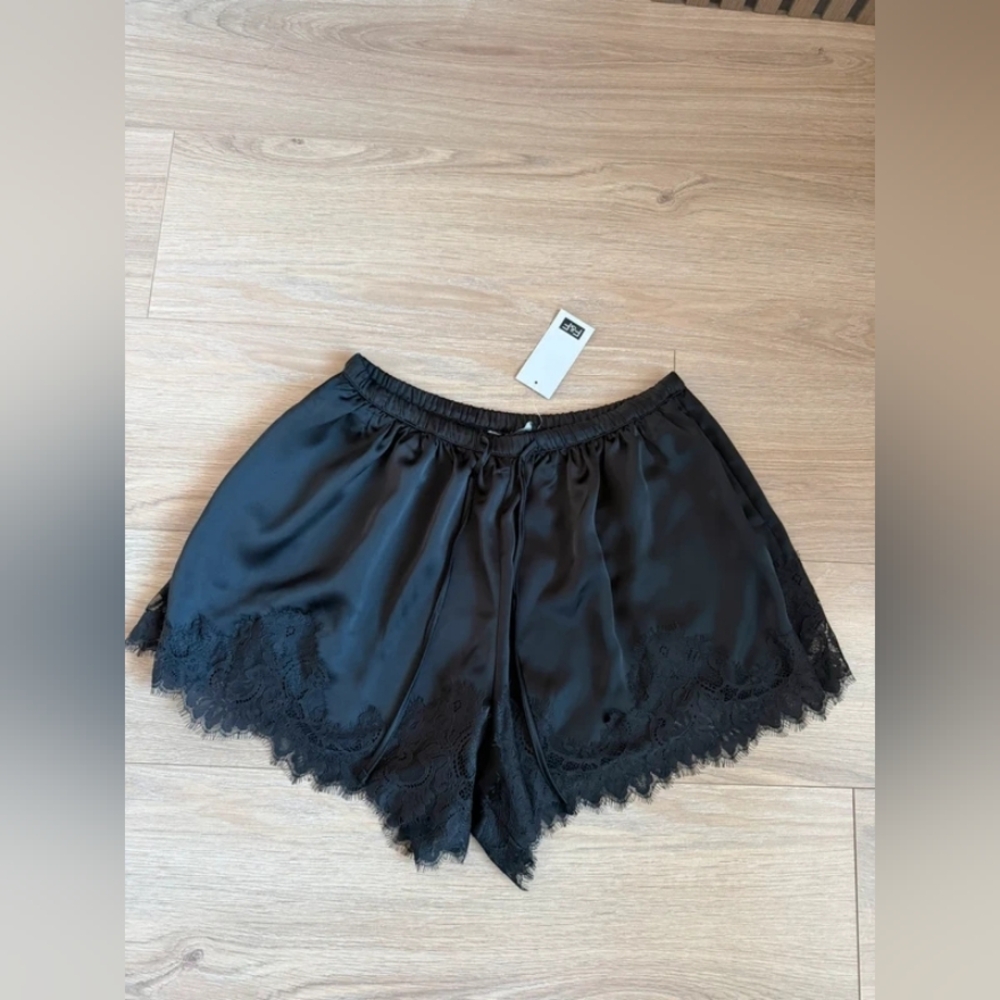 F&F Black Satin Lace-Trim Sleep Shorts